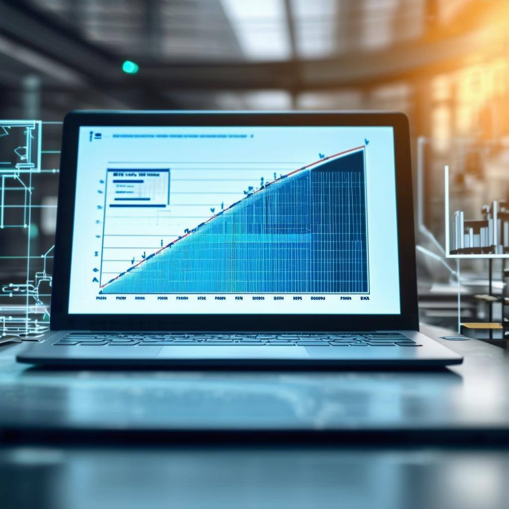 Please create the image of a laptop with a graph that shows the efficiency of a building